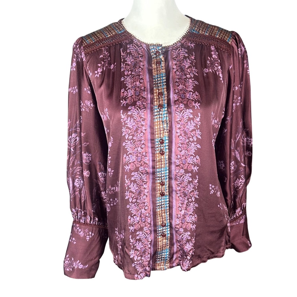TINY Anthropologie Button Front Blouse Womens S Purple Floral Plaid Boho Satin